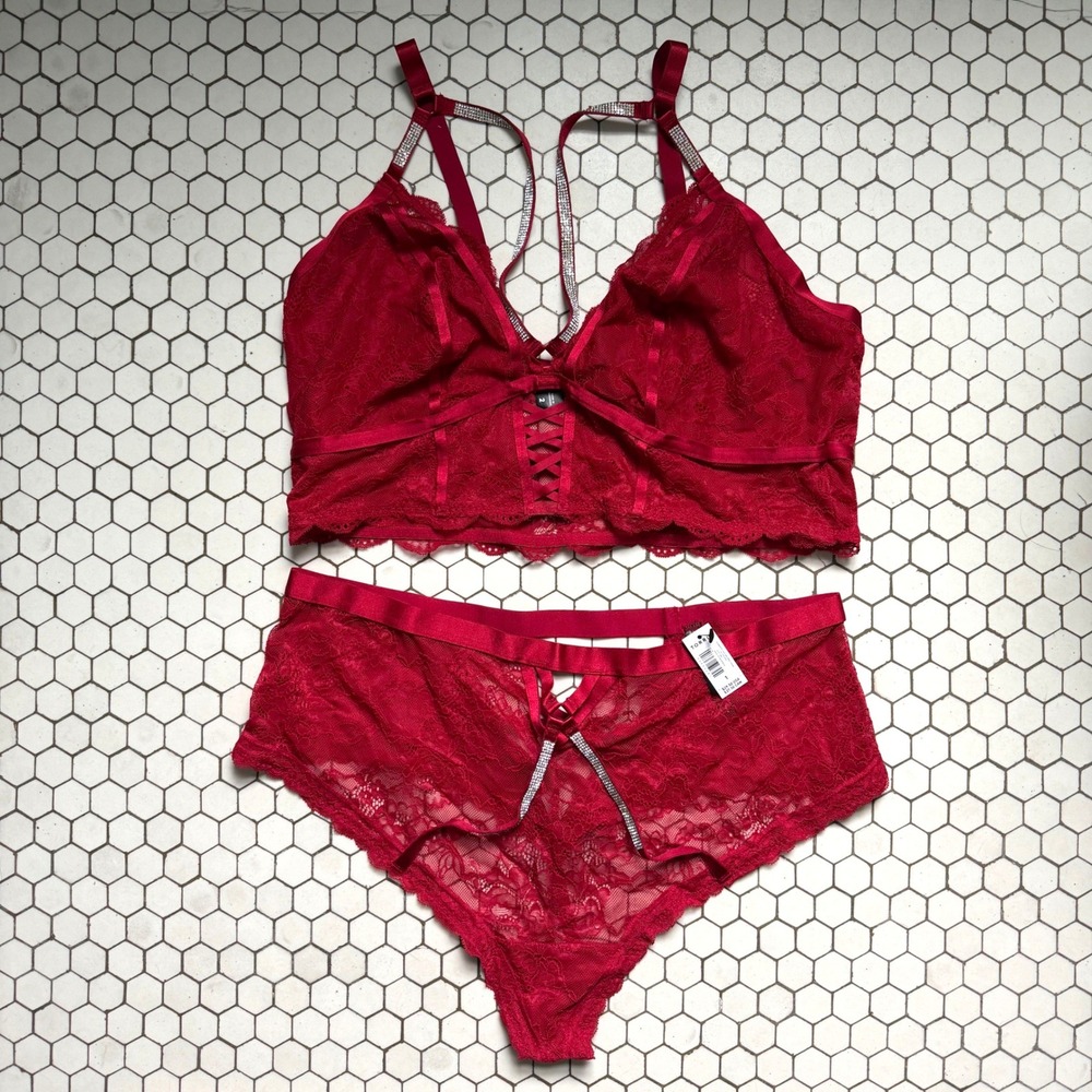 Torrid Red Lace Diamante Rhinestone Bralette and Thong Lingerie Set Size 2/1